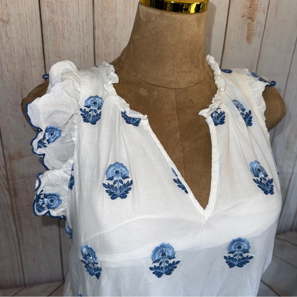 A Loves A Floral Embroidered Tiered Babydoll Mini Dress, Blue & White, Ruffle L - Picture 4 of 12